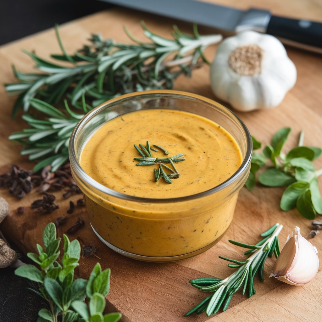 A bowl of tangy mustard BBQ marinade surrounded by fresh herbs and garlic