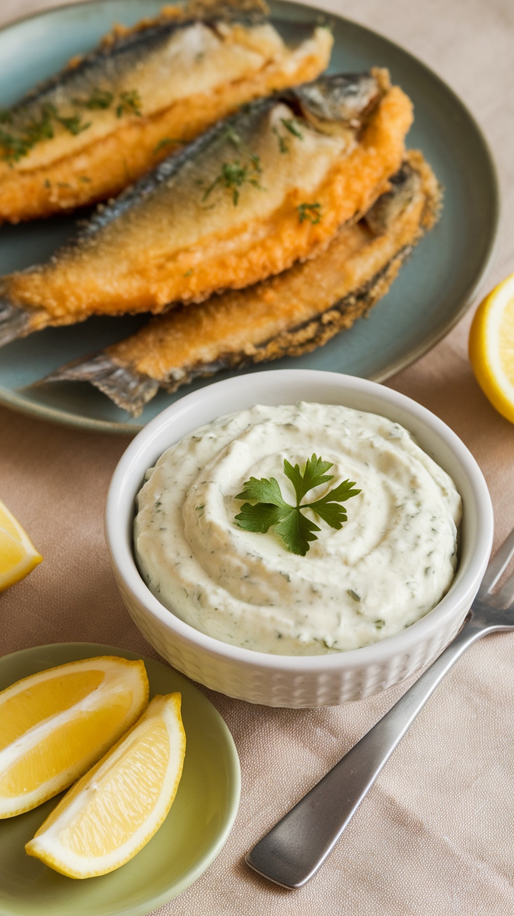 Bowl of tartar sauce with fried fish and lemon wedges on the side