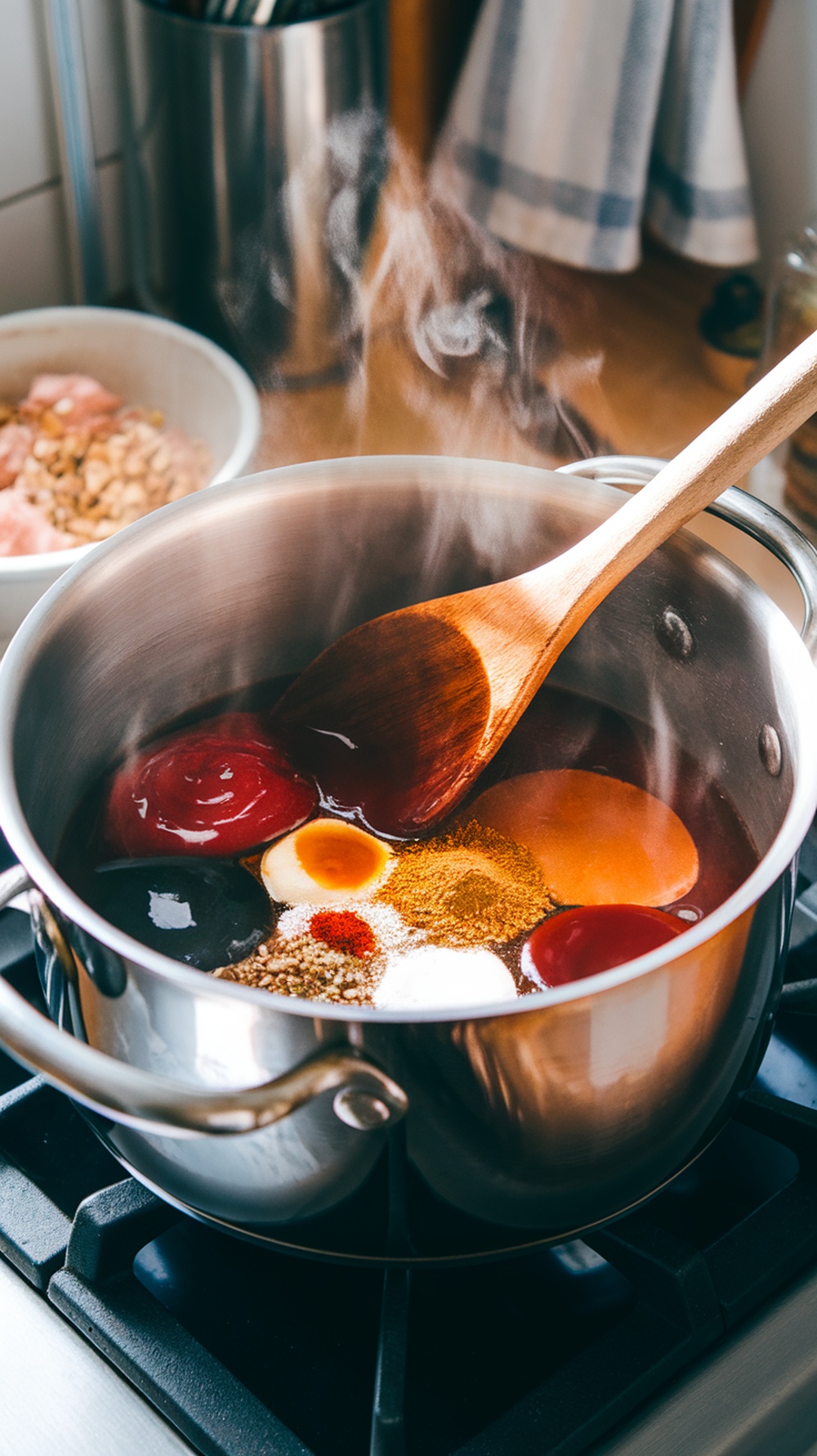 A pot with BBQ sauce ingredients being mixed