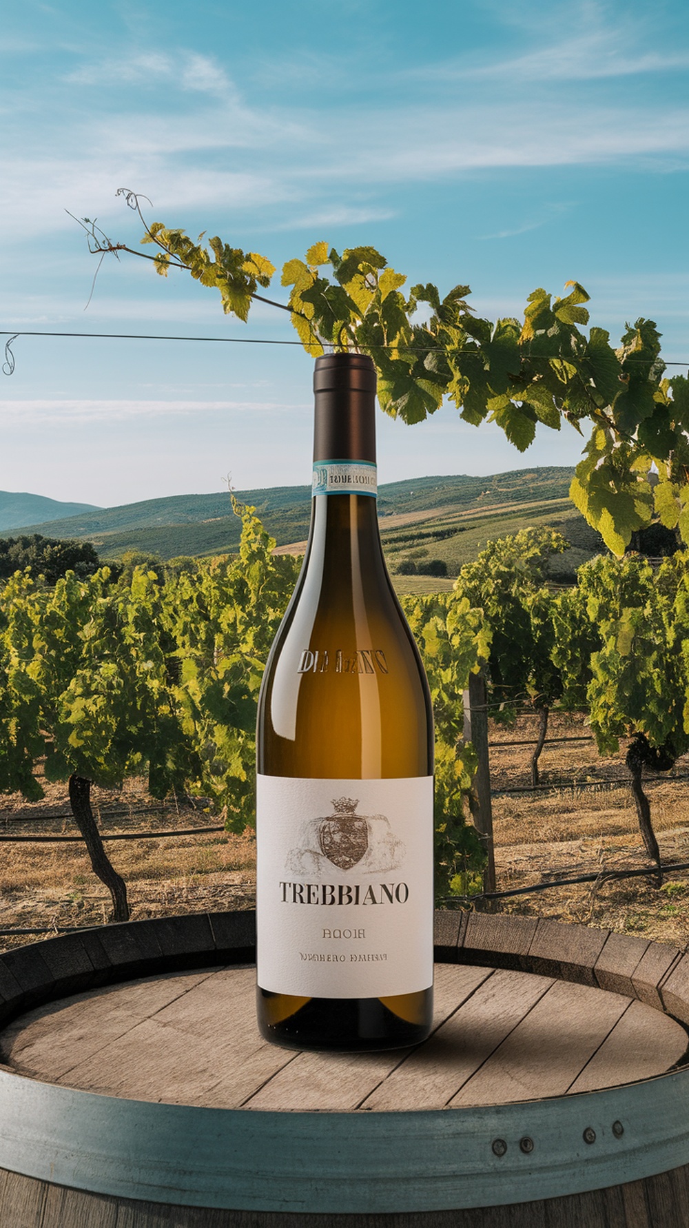 A bottle of Trebbiano wine on a wooden barrel with vineyards in the background.
