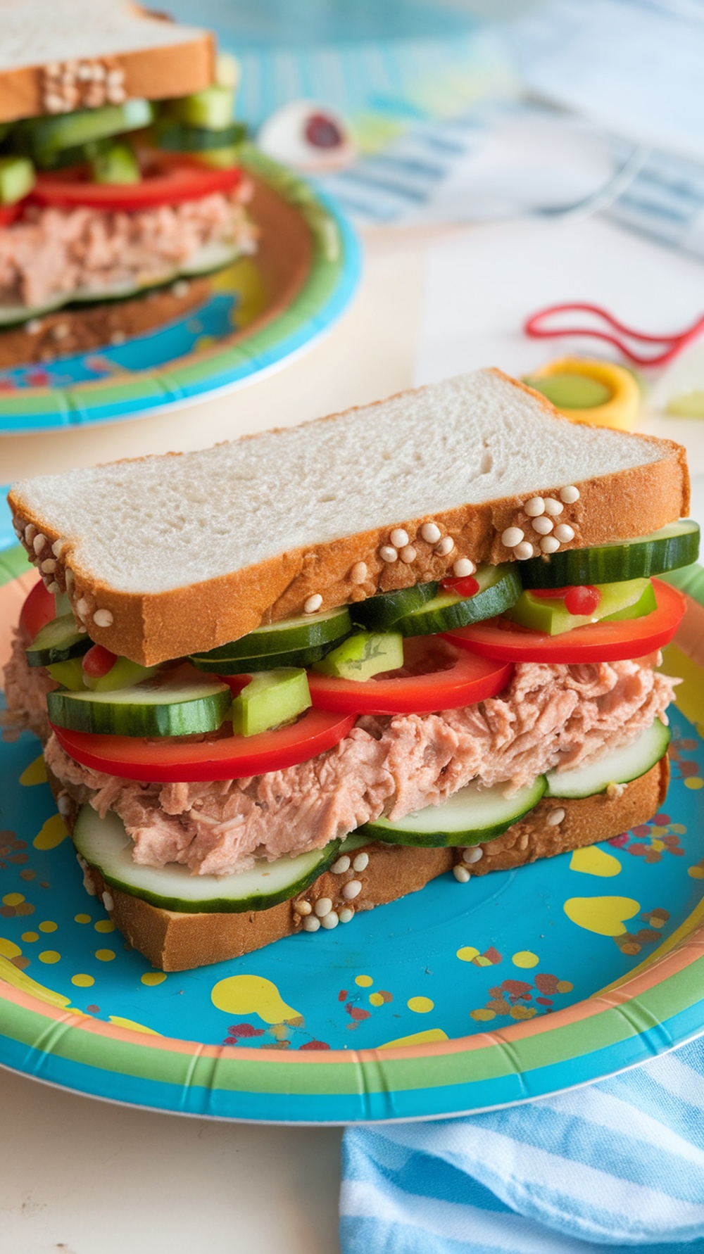 A colorful sandwich with layers of tuna, cucumbers, bell peppers, and tomatoes.