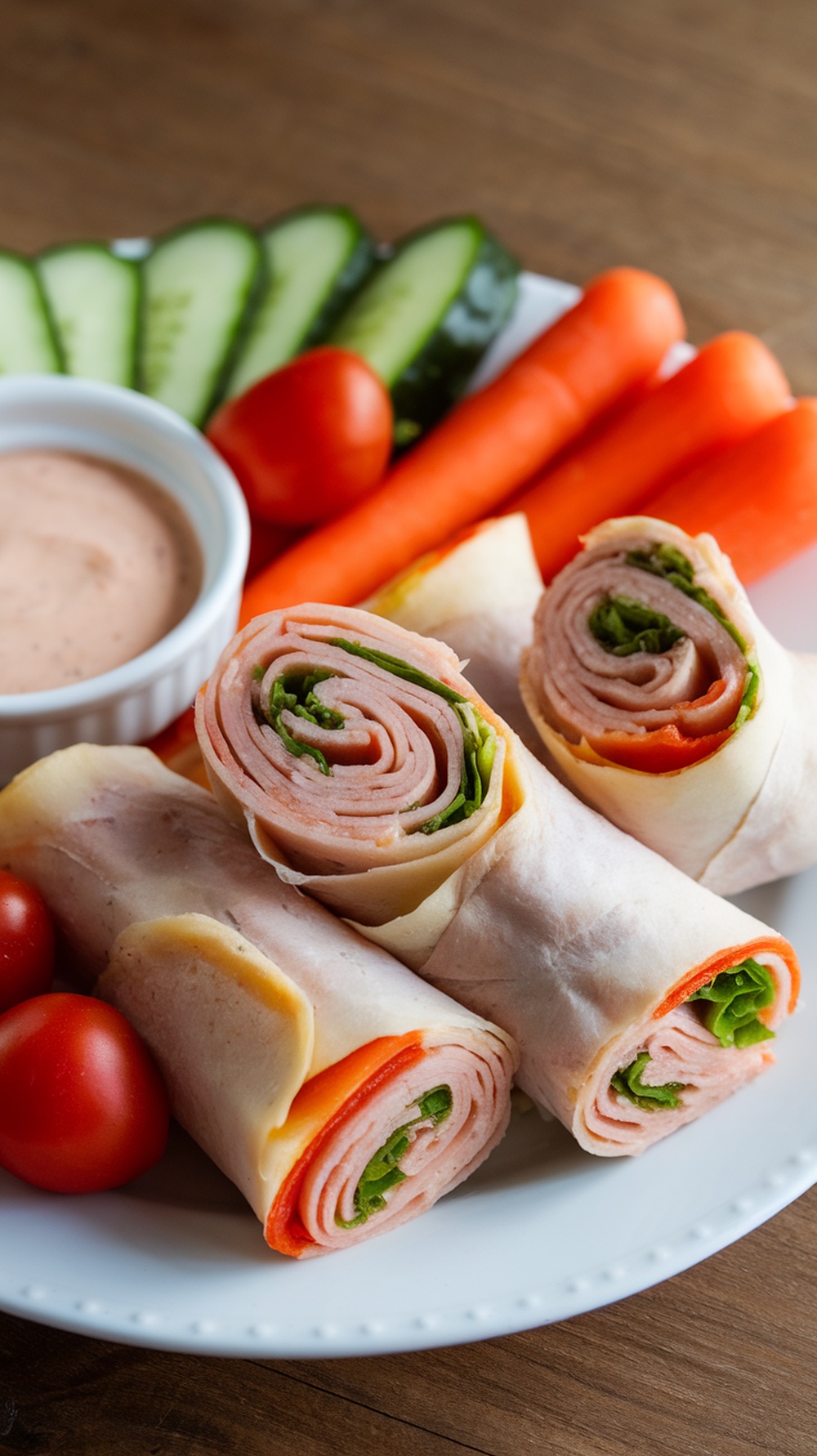 Turkey and Cheese Roll-Ups on a plate with veggies