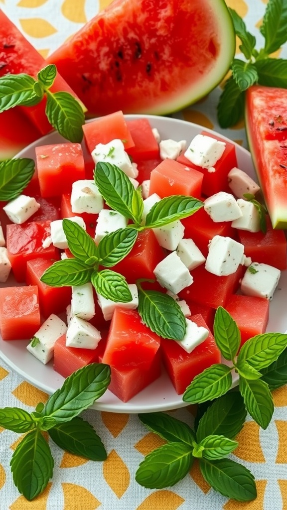 A fresh watermelon feta salad with mint leaves, served in a bowl with watermelon slices in the background.