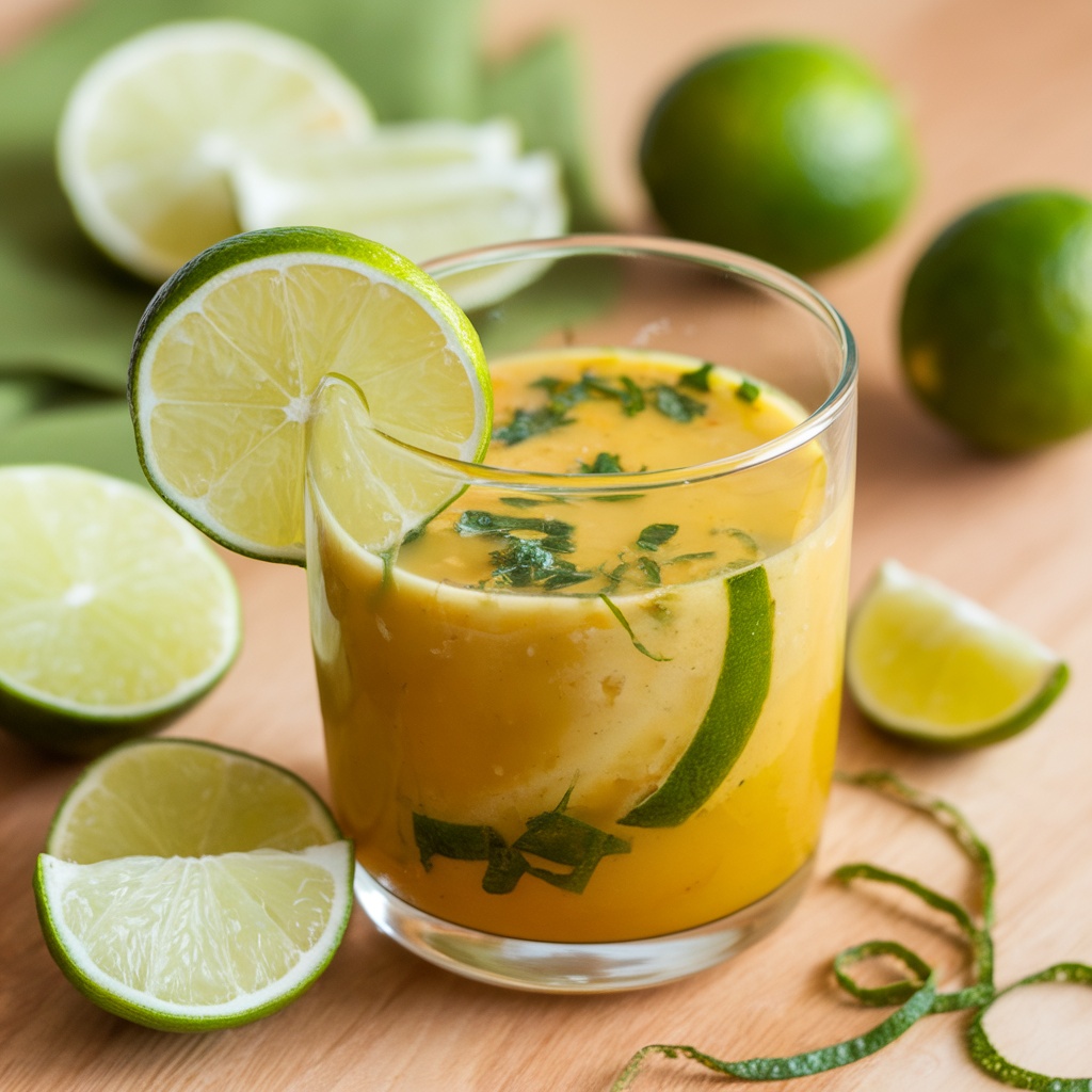 A refreshing lime juice drink with slices of lime and herbs