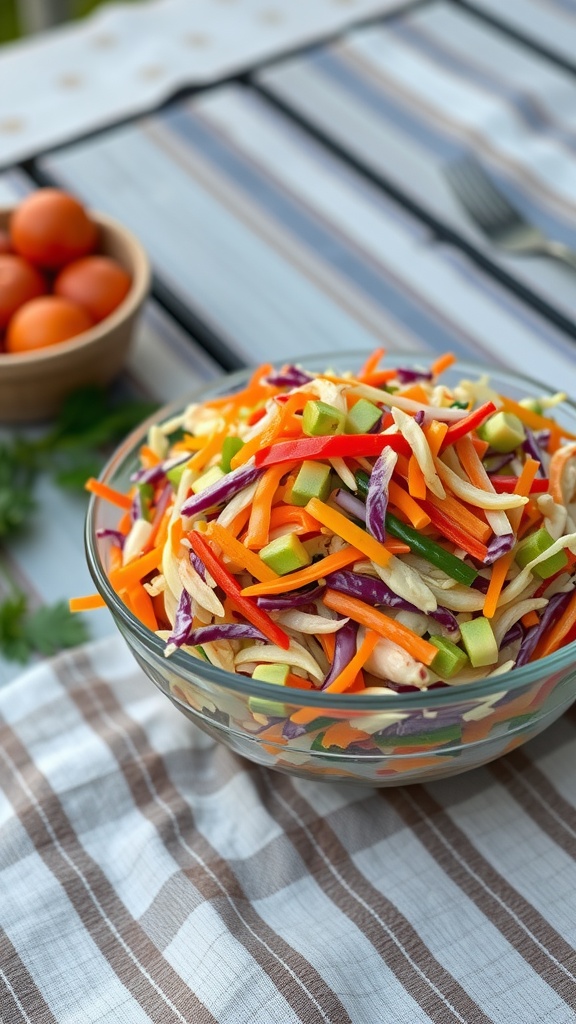 A bowl of colorful coleslaw with purple cabbage, carrots, green apples, and a light dressing.