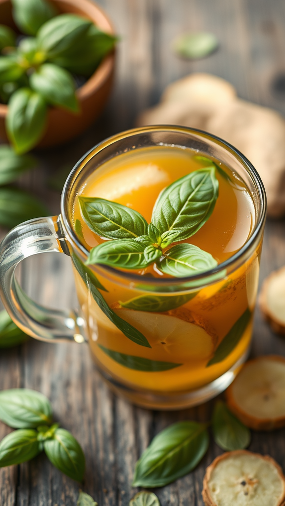 A glass mug filled with basil and ginger brew, garnished with fresh basil leaves.