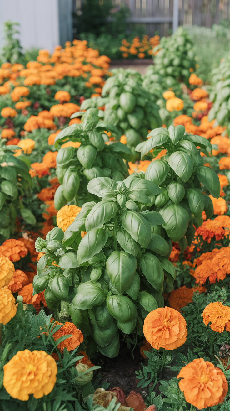 A vibrant garden with green basil plants and bright orange marigold flowers.