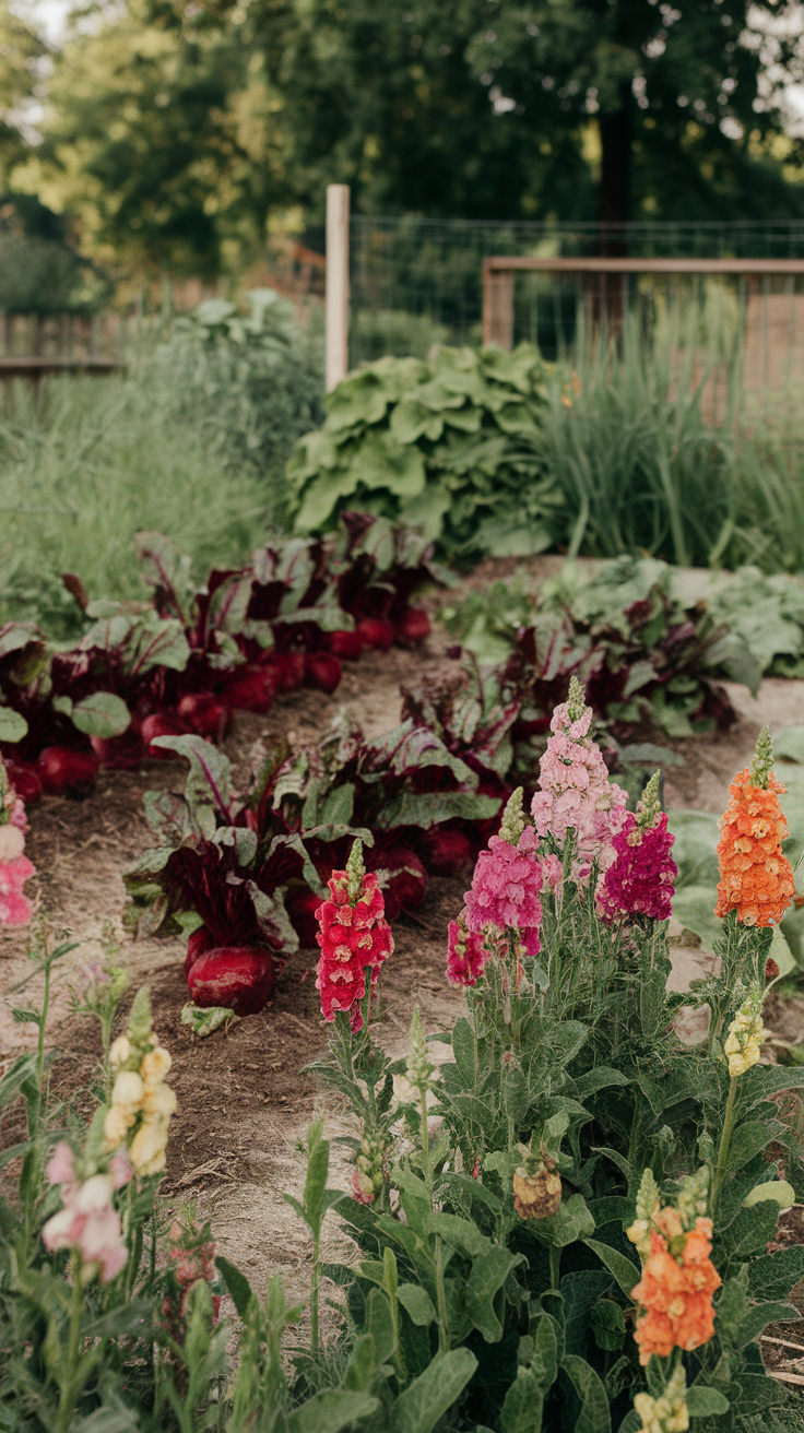 Colorful snapdragon flowers growing alongside beet plants in a garden.