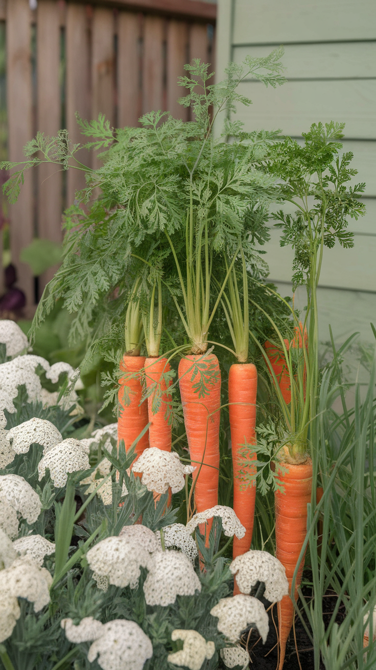 A garden scene featuring orange carrots and purple alyssum flowers.