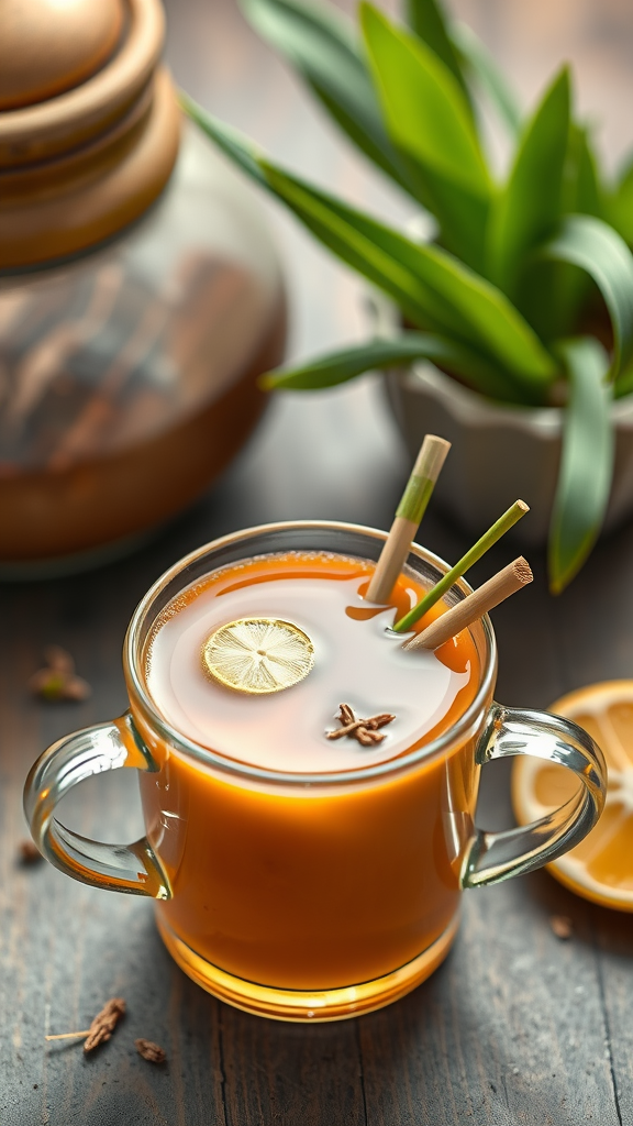 A warm cup of chai infused with lemongrass, garnished with lemon slices and bamboo sticks, set against a wooden background.