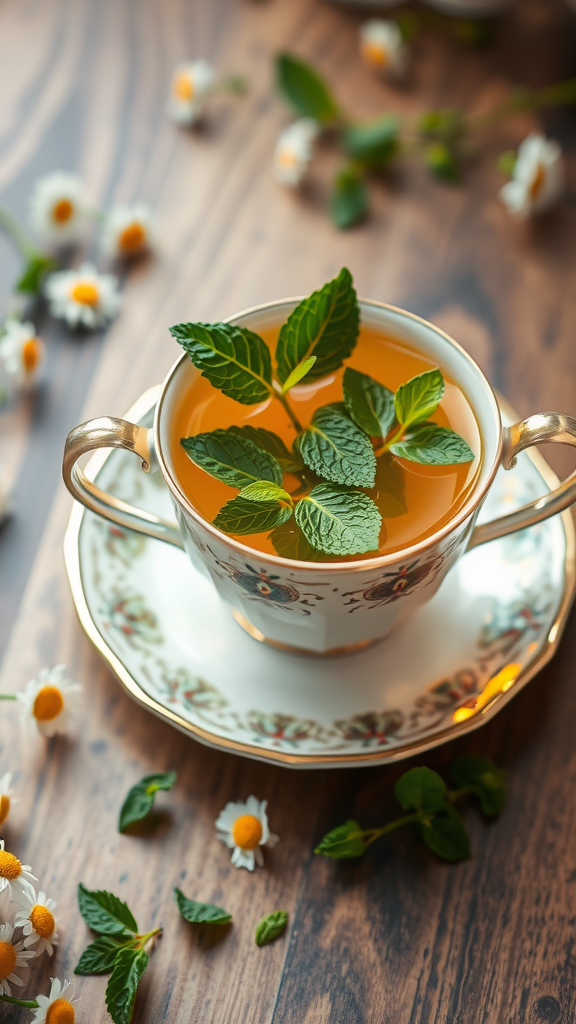 A cup of chamomile and mint tea with fresh mint leaves, surrounded by chamomile flowers on a wooden surface.