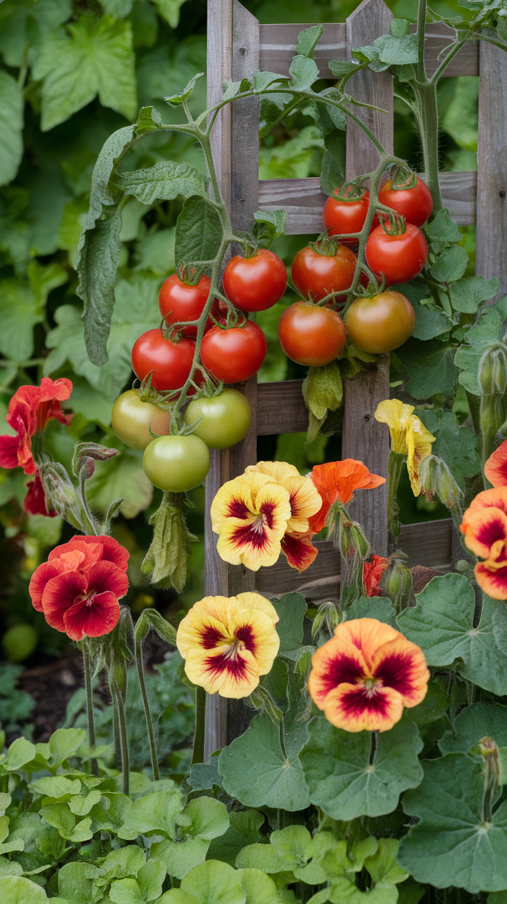 A vibrant display of cherry tomatoes growing on a trellis alongside bright nasturtium flowers.