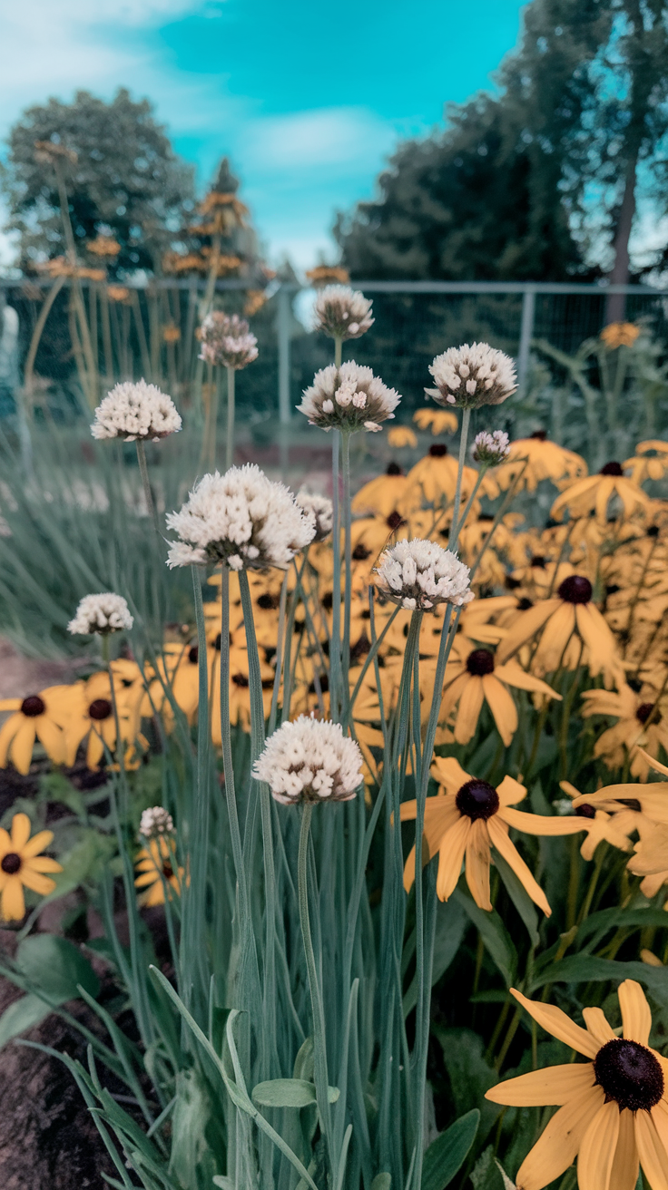 Chives and Black-Eyed Susans in a garden