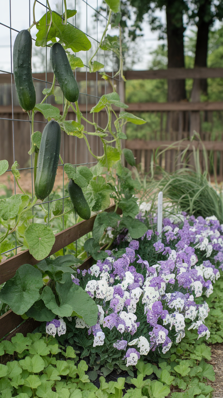 Cucumbers climbing on a trellis beside colorful sweet alyssum flowers.