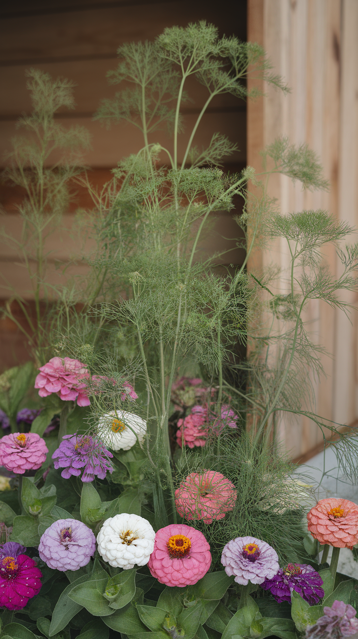 A vibrant display of colorful zinnias with tall dill plants in the background.