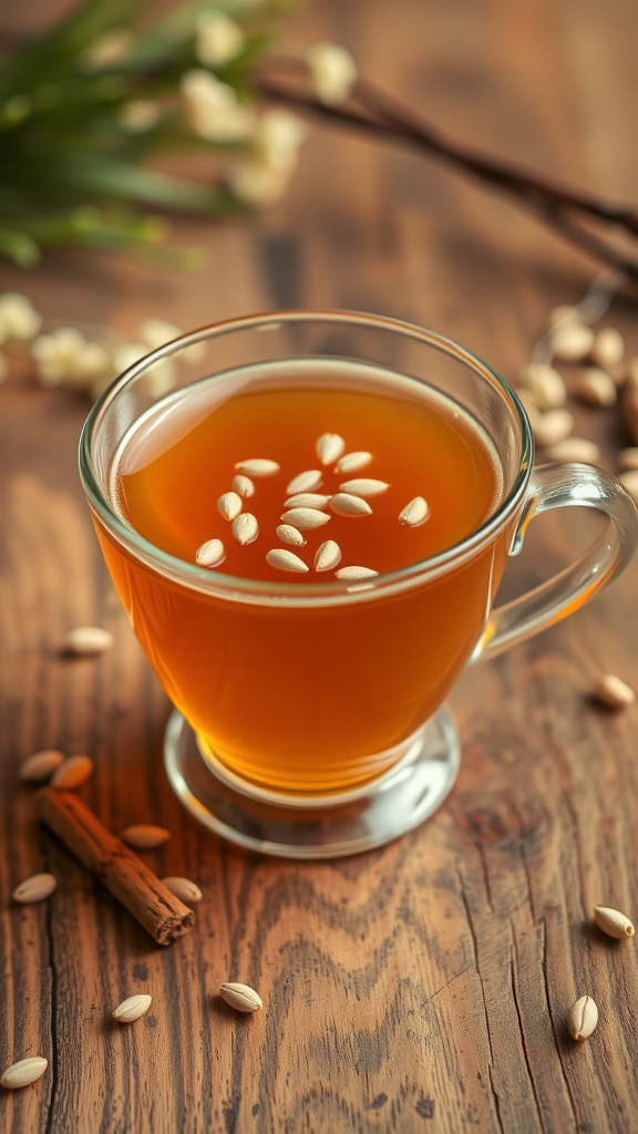 A cup of fennel seed herbal tea with seeds floating on top, surrounded by cinnamon and seeds on a wooden table.