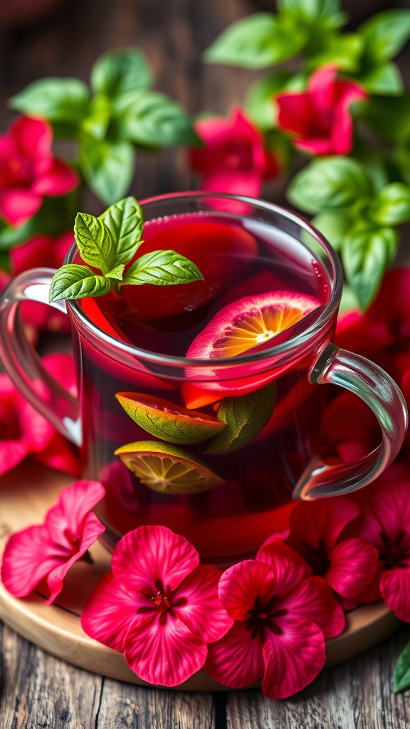 A refreshing Hibiscus and Basil Cooler in a glass cup, garnished with lemon and basil, surrounded by vibrant pink flowers.