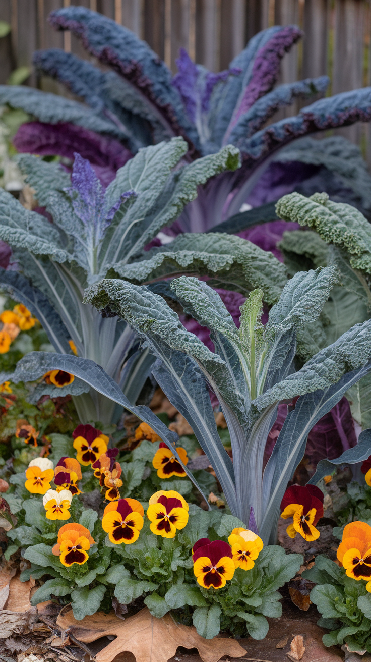 A garden featuring kale plants and colorful pansies.