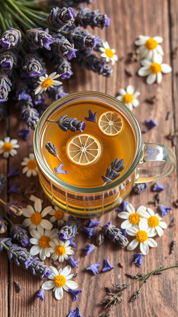 A glass of herbal tea with lavender and chamomile garnished with lemon slices, surrounded by fresh lavender and daisies.