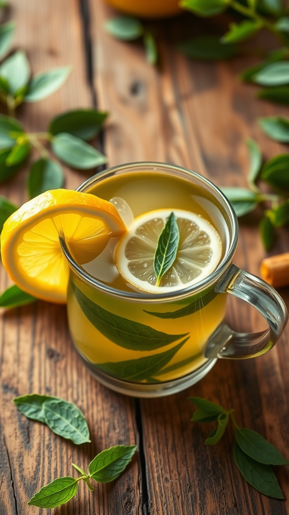 A glass mug of lemon verbena infusion with lemon slices and herbs on a wooden table.