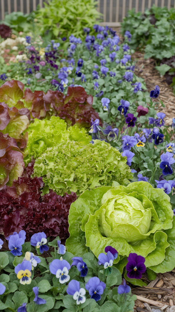 A garden featuring various types of lettuce and colorful violas.