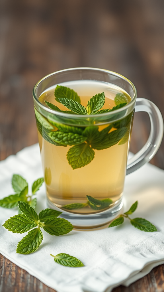 A clear glass mug filled with minty green tea, garnished with fresh mint leaves.