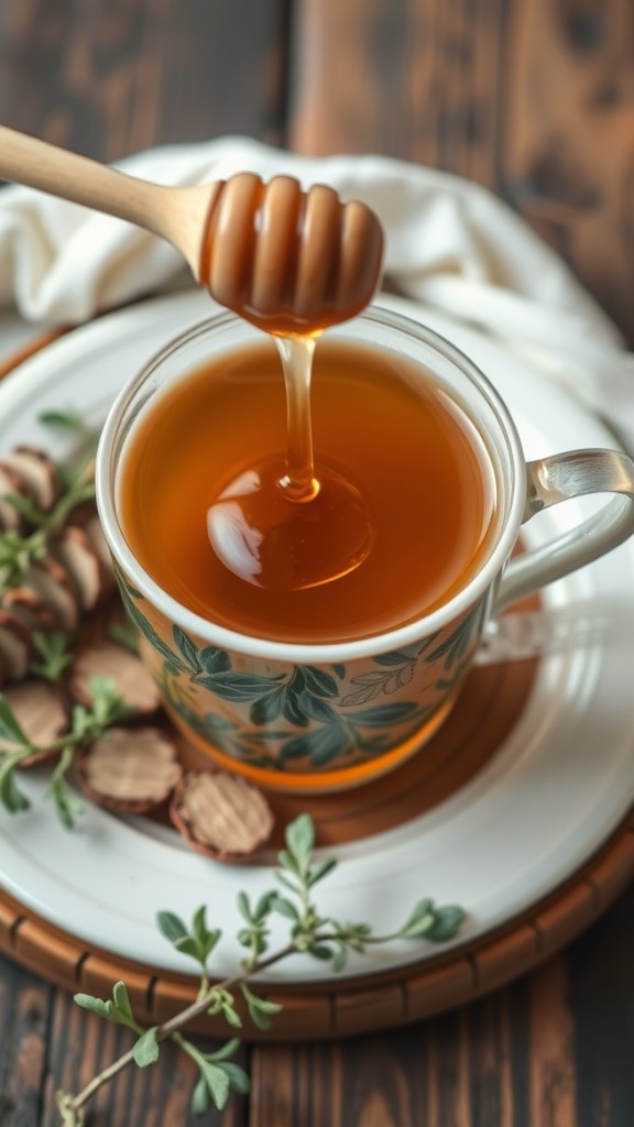 A cup of herbal tea with honey and oregano, surrounded by herbal ingredients.