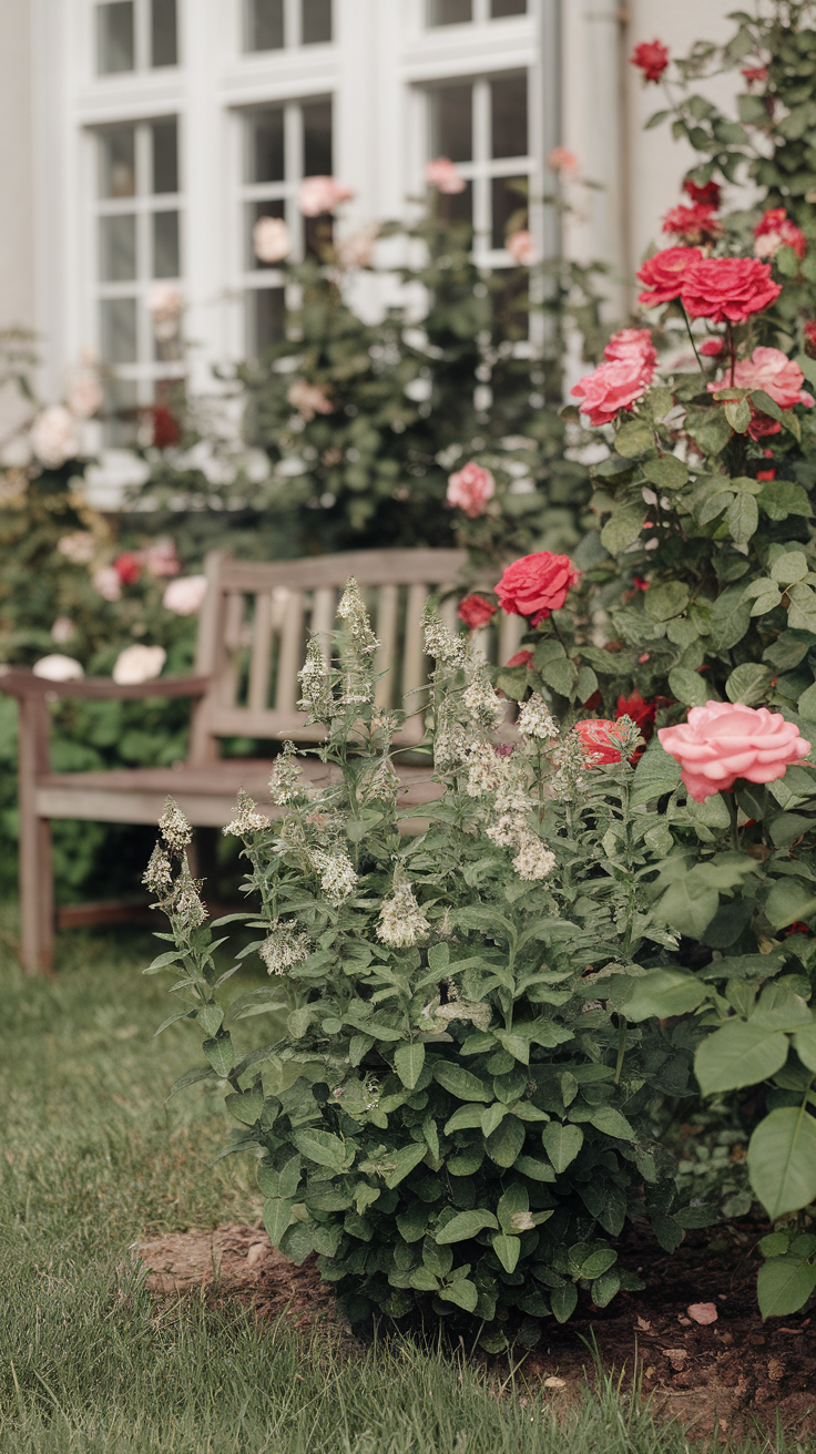 A garden scene featuring pink and red roses alongside a bush of oregano.