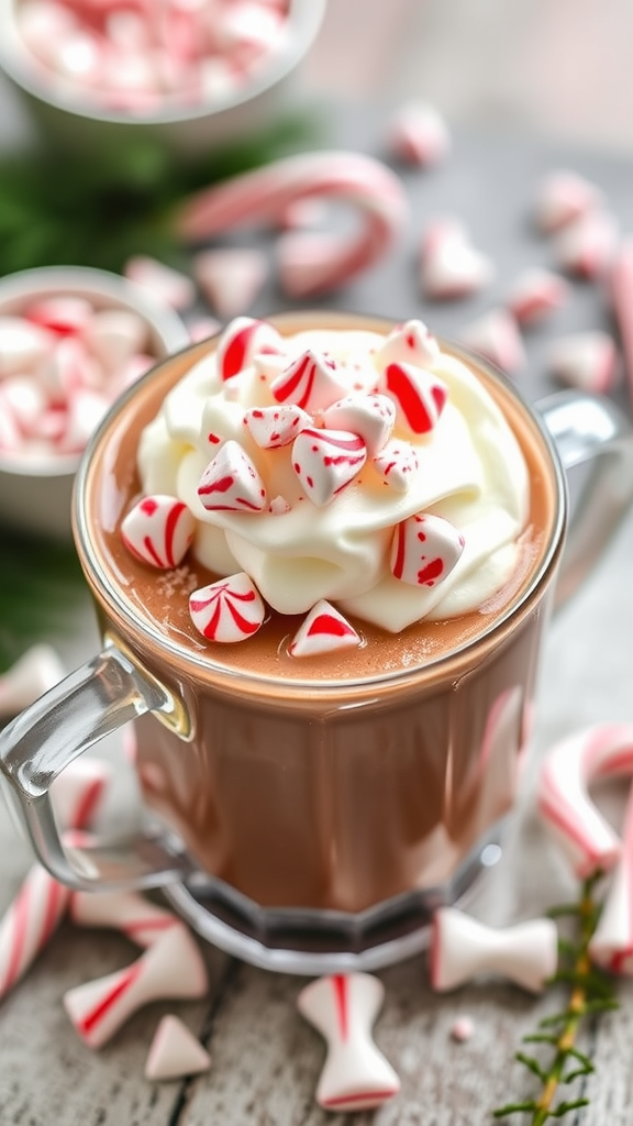 A warm cup of peppermint hot chocolate topped with whipped cream and candy pieces.