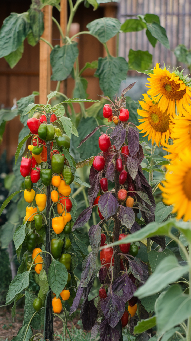 A garden featuring vibrant peppers in various colors and blooming sunflowers.