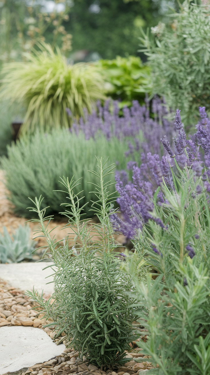 A garden featuring rosemary and lavender plants surrounded by pebbles.