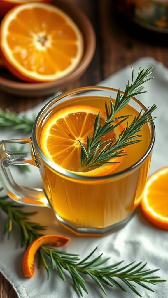 A clear glass mug filled with a rosemary citrus blend, featuring orange slices and fresh rosemary sprigs.