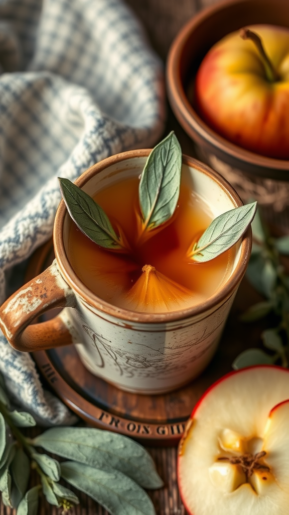 A cozy cup of sage-infused apple cider with fresh apple slices and herbs.