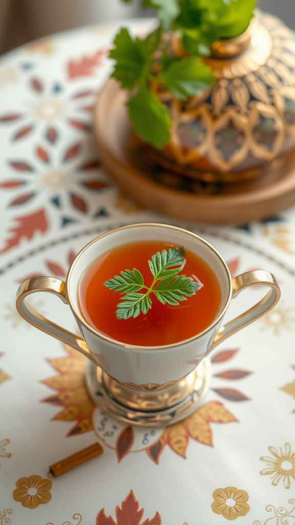 A cup of herbal tea garnished with cilantro, with a decorative background featuring a teapot and a cinnamon stick.