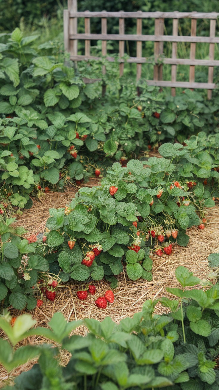 A lush strawberry patch with ripe strawberries and green leaves.