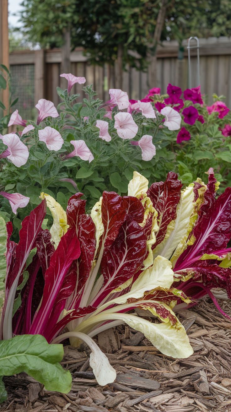 Vibrant Swiss chard growing in a garden alongside colorful petunias.