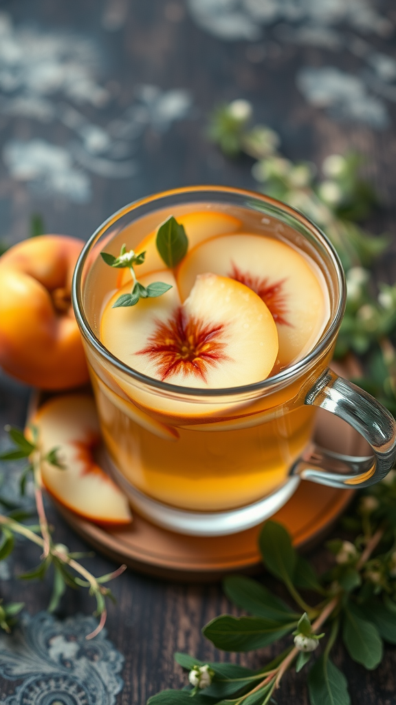 A glass of herbal tea with slices of white peach and tarragon leaves, surrounded by fresh peaches and herbs.