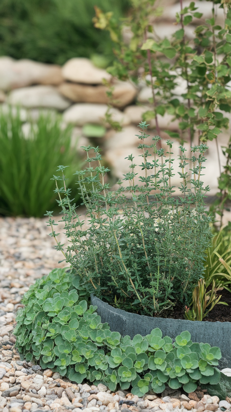 Thyme plant with green creeping sedum in a garden setting.