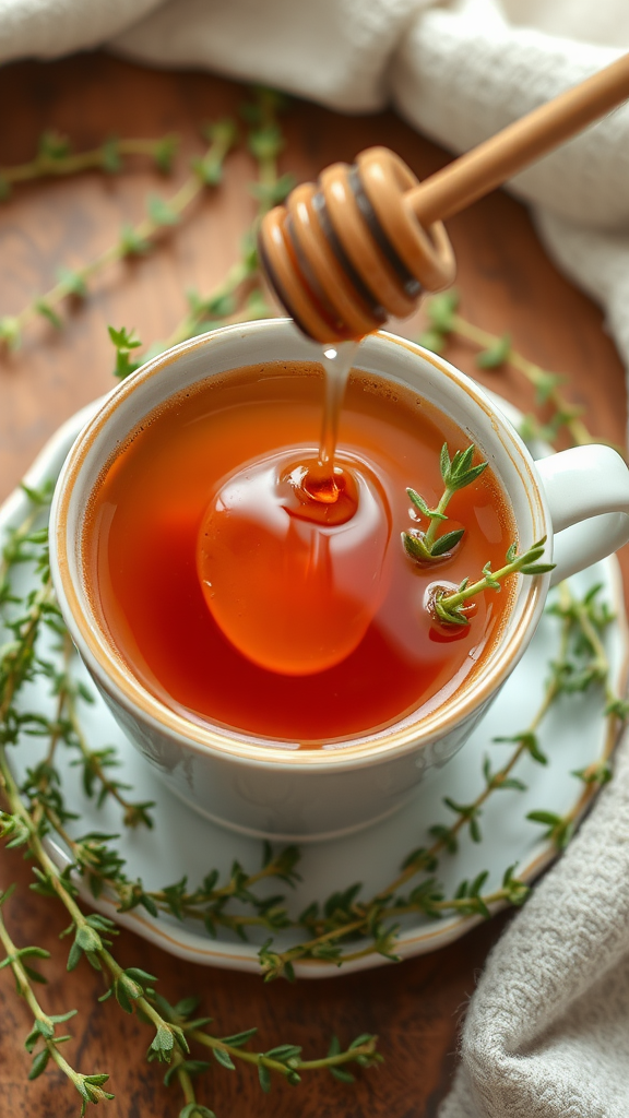 A cup of herbal tea with thyme and honey drizzle