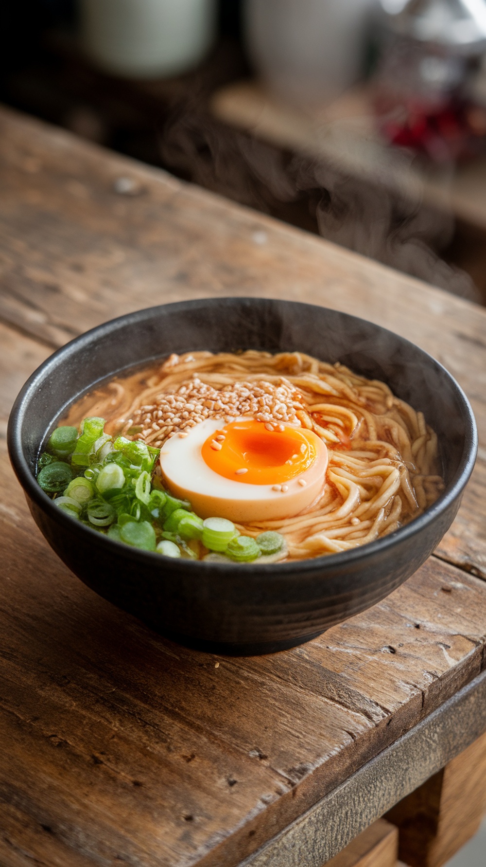 A bowl of ramen with a soft-boiled egg, green onions, and sesame seeds.