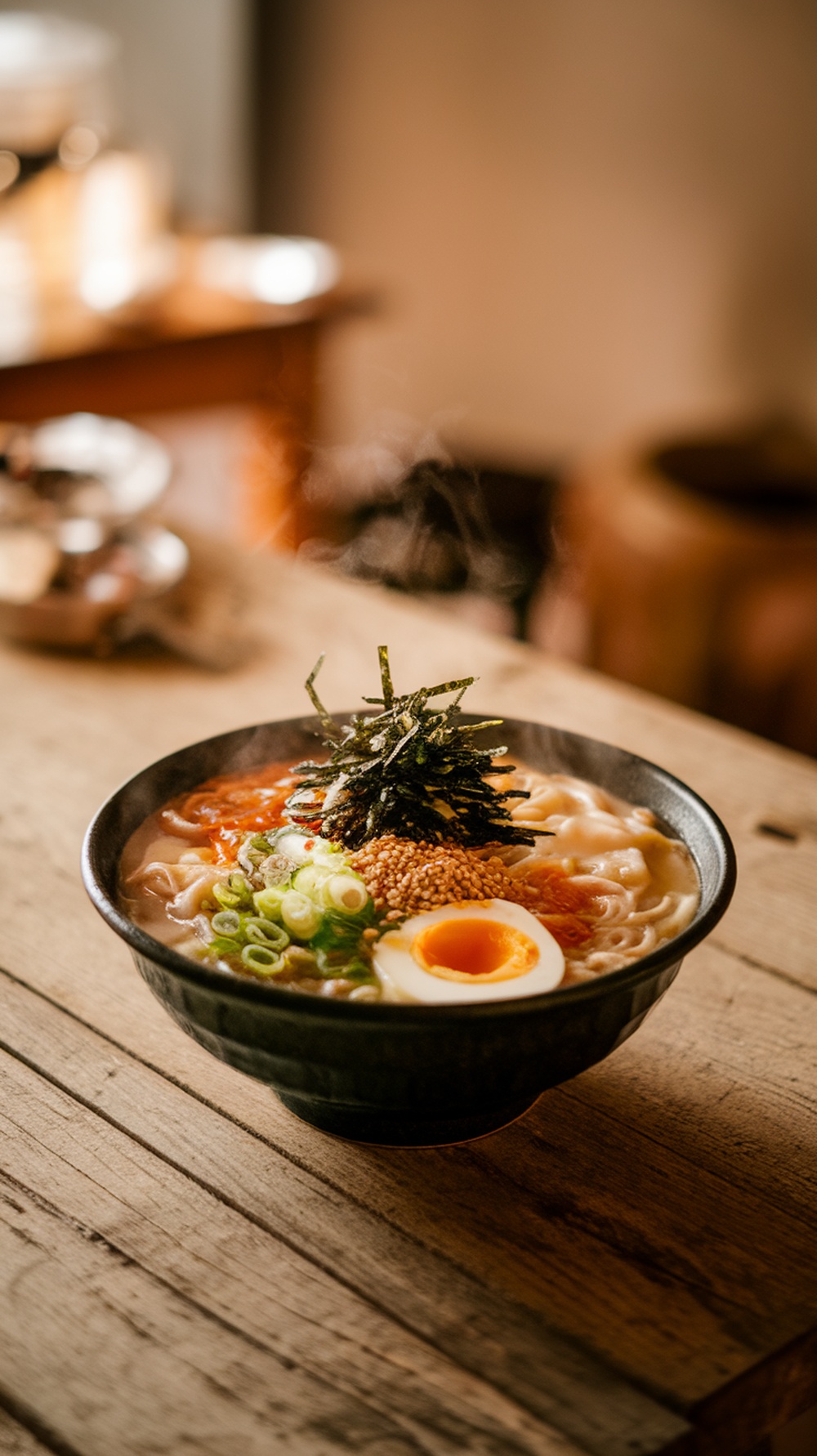 A bowl of ramyeon topped with seaweed, sesame seeds, green onions, and a soft-boiled egg.