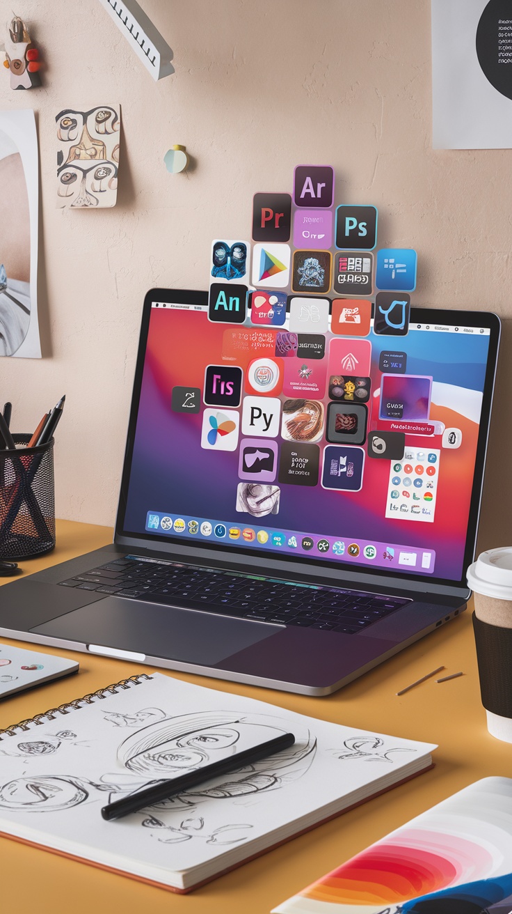 An image showing a laptop with various Adobe Creative Cloud application icons, surrounded by design materials and stationery.