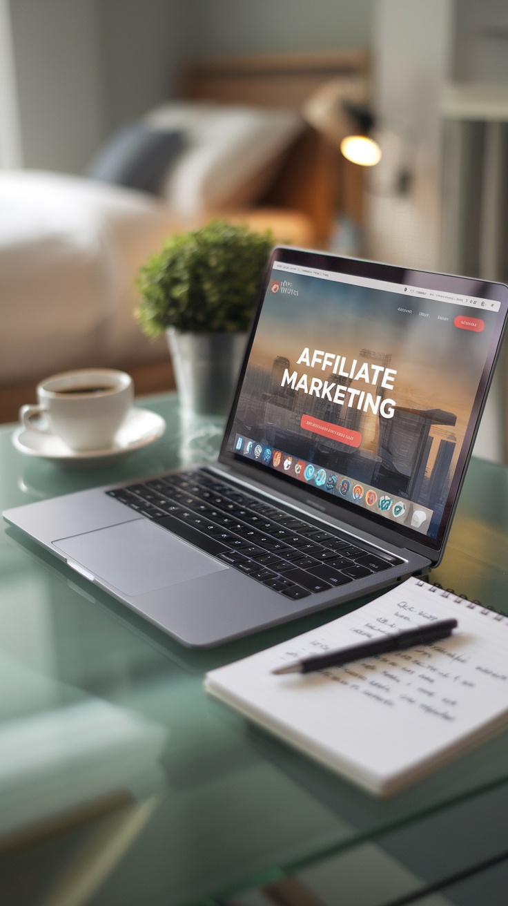 A laptop displaying 'Affiliate Marketing' on its screen, alongside a cup of coffee and a notepad in a cozy workspace.