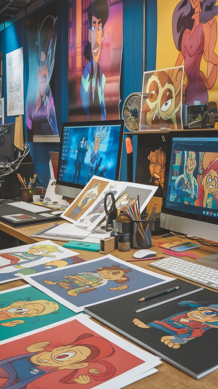 A creative workspace filled with colorful animation artwork and character sketches.