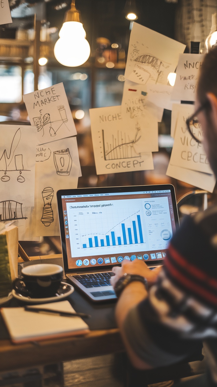 A person working on a laptop with graphs and notes on niche markets in the background.