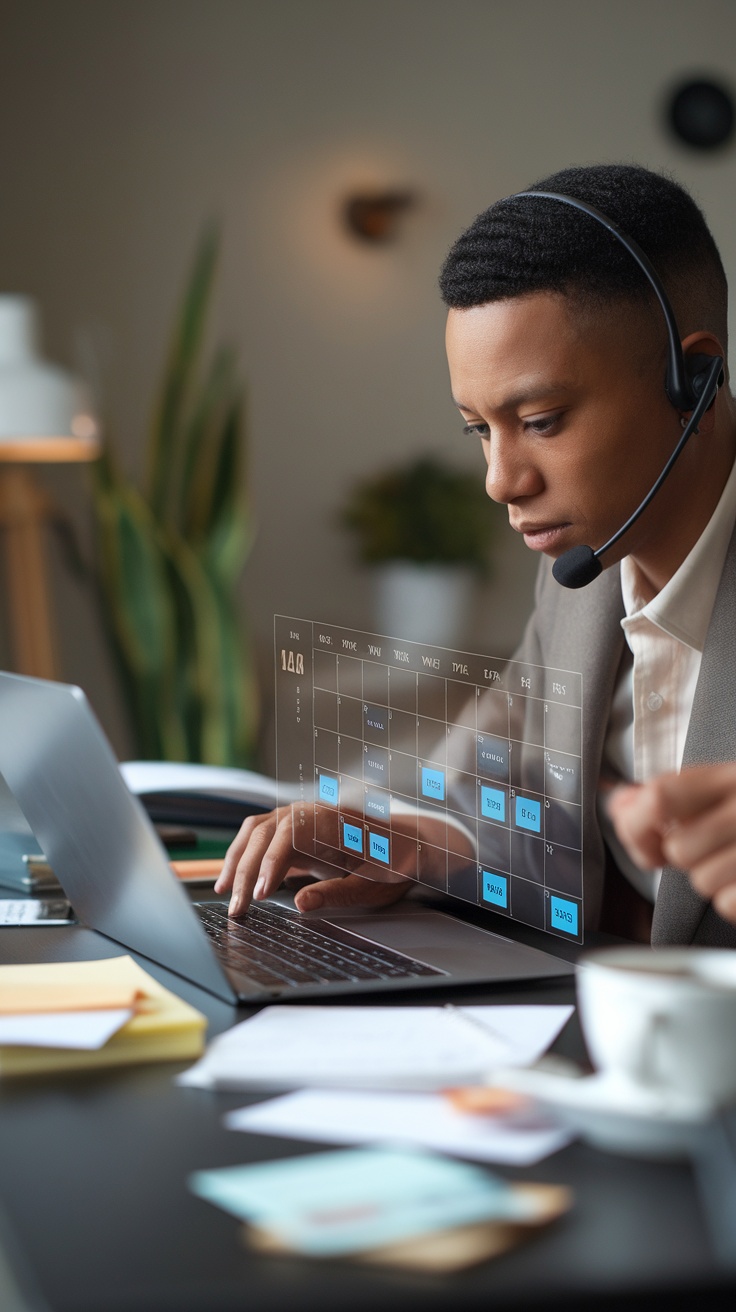 A focused person wearing a headset while working at a laptop, managing a calendar.