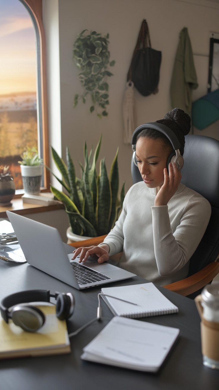 A focused audio transcriptionist working on a laptop with headphones in a cozy workspace.