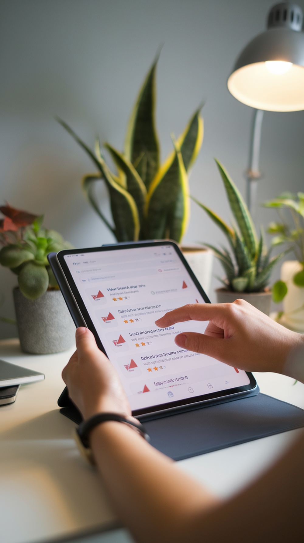A person checking reviews on a tablet with plants in the background, signifying research and awareness.
