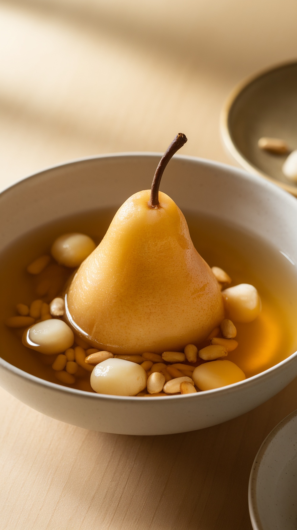 A bowl of Korean poached pear with ginger, garnished with pine nuts and glutinous rice balls