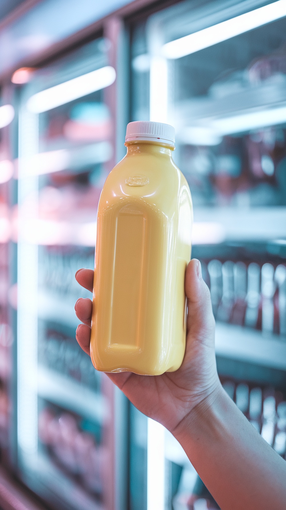 A bottle of banana milk held by a hand, showcasing its vibrant yellow color.